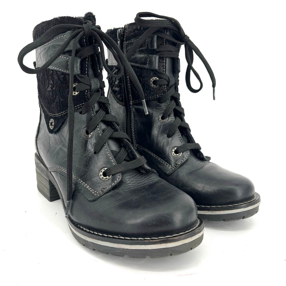 Dromedaris Kara Print black leather side zip lace up ankle boots (36 - 5.5)